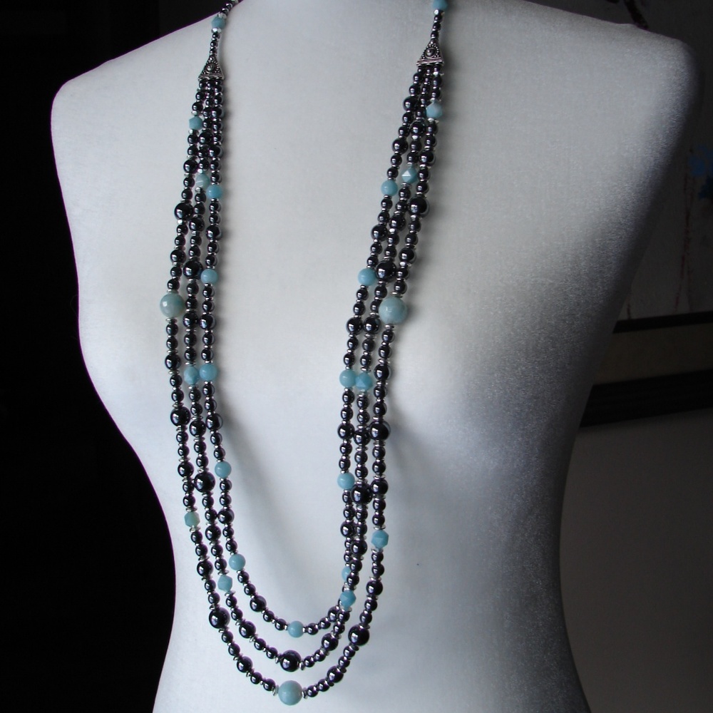 Genuine Hemotite and Amazonite 3 Strand Necklace